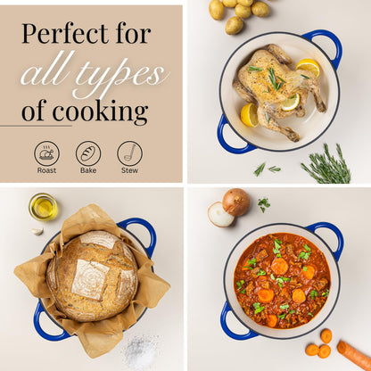 Nuovva Enamelled Cast Iron Dutch Oven Pot with Lid – 6.4 Quart Non Stick Casserole Pot – Heavy Duty & Oven Safe up to 500° F for Bread Baking, Braising, Stews, Roasting – 28cm Dark Blue