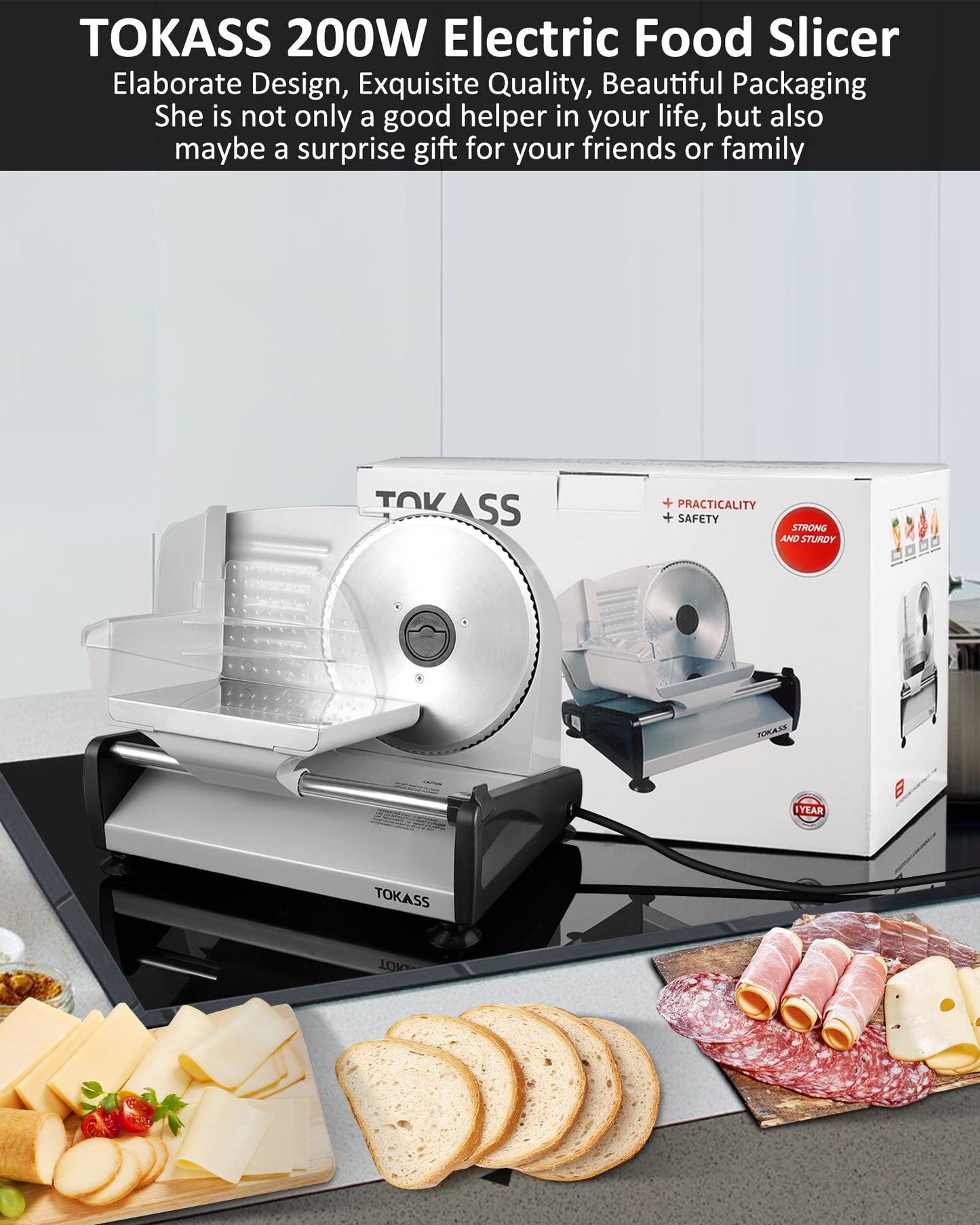 Meat Slicer, 200W Electric Deli Food Slicer with 2 Removable 7.5'' Stainless Steel Blades and Tray, Adjustable Thickness for home use,Child Lock Protection,Easy to Clean,Cuts Meat, Bread and Cheese