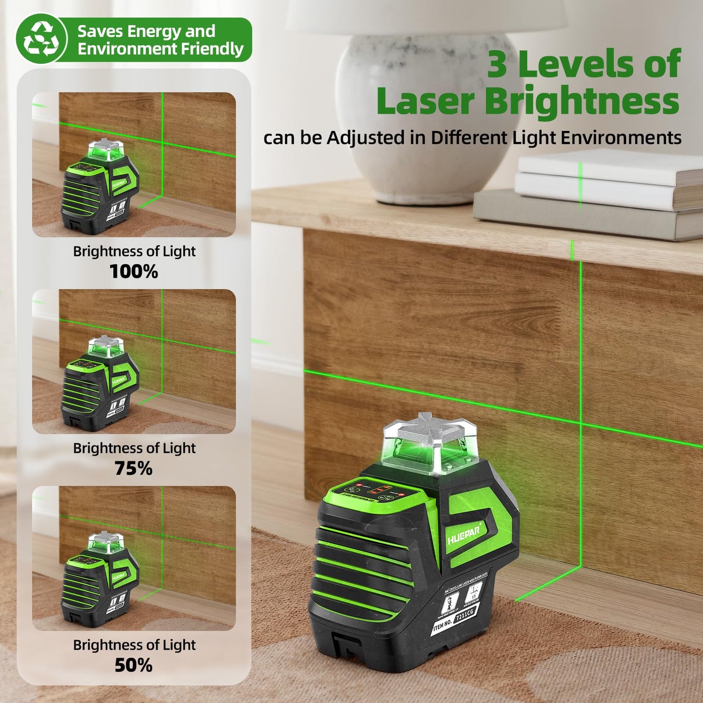 Huepar Self Leveling Green Laser Level Cross Line with 2 Plumb Dots Laser Tool -360 Horizontal Line Plus Large Fan Angle of Vertical Beam -Li-ion Battery with Type-C Charging Port&Magnetic Base 7211CG