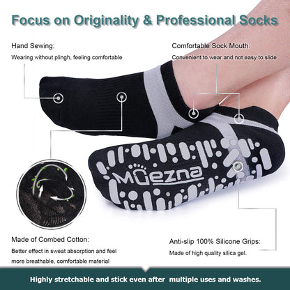 Muezna Non Slip Yoga Socks for Women, Anti-Skid Pilates, Barre, Hospital Socks with Grips, Size 5-10