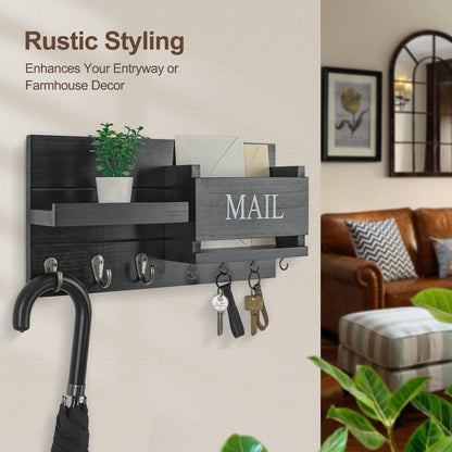 Lwenki Mail Organizer for Wall Mount – Key Holder with Shelf Includes Letter Holder and Hooks for Hallway Farmhouse Decor – Rustic Wood with Flush Mounting Hardware (16.5” x 9.1” x 3.4”) (Black)