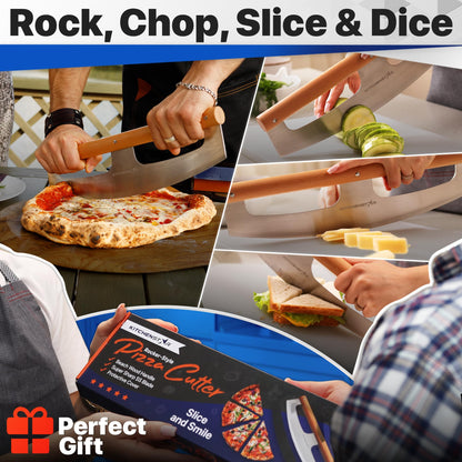 KitchenStar 16-Inch Pizza Cutter Rocker Blade - Razor Sharp Stainless Steel Slicer Knife, Stylish Beech Wood Handle, Protective Cover - Professional Pizza Oven Accessories, Silver