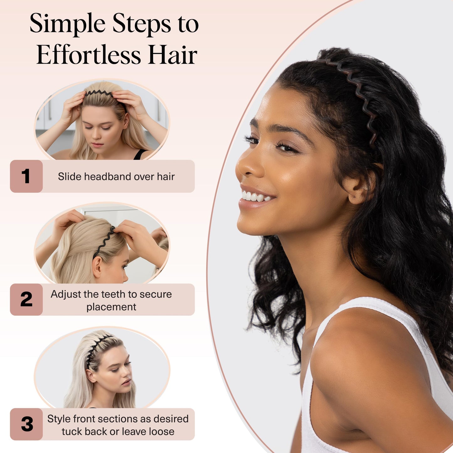 Kitsch Zig Zag Headbands for Women Non Slip – Fashion Accessories for Slicked Back Styles - Comfortable Comb Headband with Teeth - Recycled Plastic Tortoise & Black Headband - 2 pcs