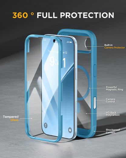 Miracase Magnetic for iPhone Air Case 6.5" [Compatible with MagSafe] Full-Body Phone Case with Built-in Glass Screen Protector & Camera Control,Drop Proof iPhone 17 Air Case Cover, Blue