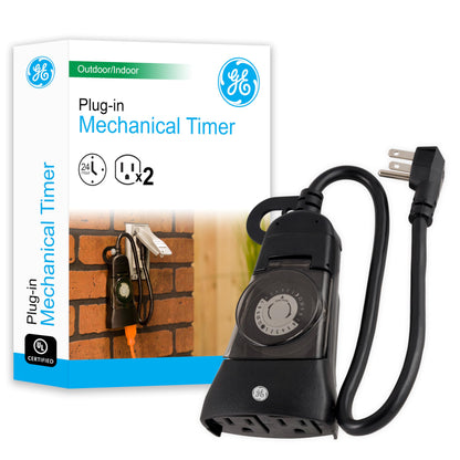 GE 24-Hour Heavy-Duty Outdoor Mechanical Timer, 2 Grounded Outlet Timer, Programmable Daily Cycle, 30-Minute Interval Outdoor Timer, Weather Resistant, Outdoor Light Timer, Black, 1 Pack, 15138