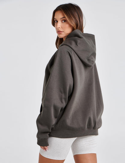 Lauweion Women Solid Basic Fleece Letter Loose Hoodie Sweatshirt Long Sleeve Kangaroo Pocket Drop Shoulder Pullovers Top Dark Grey