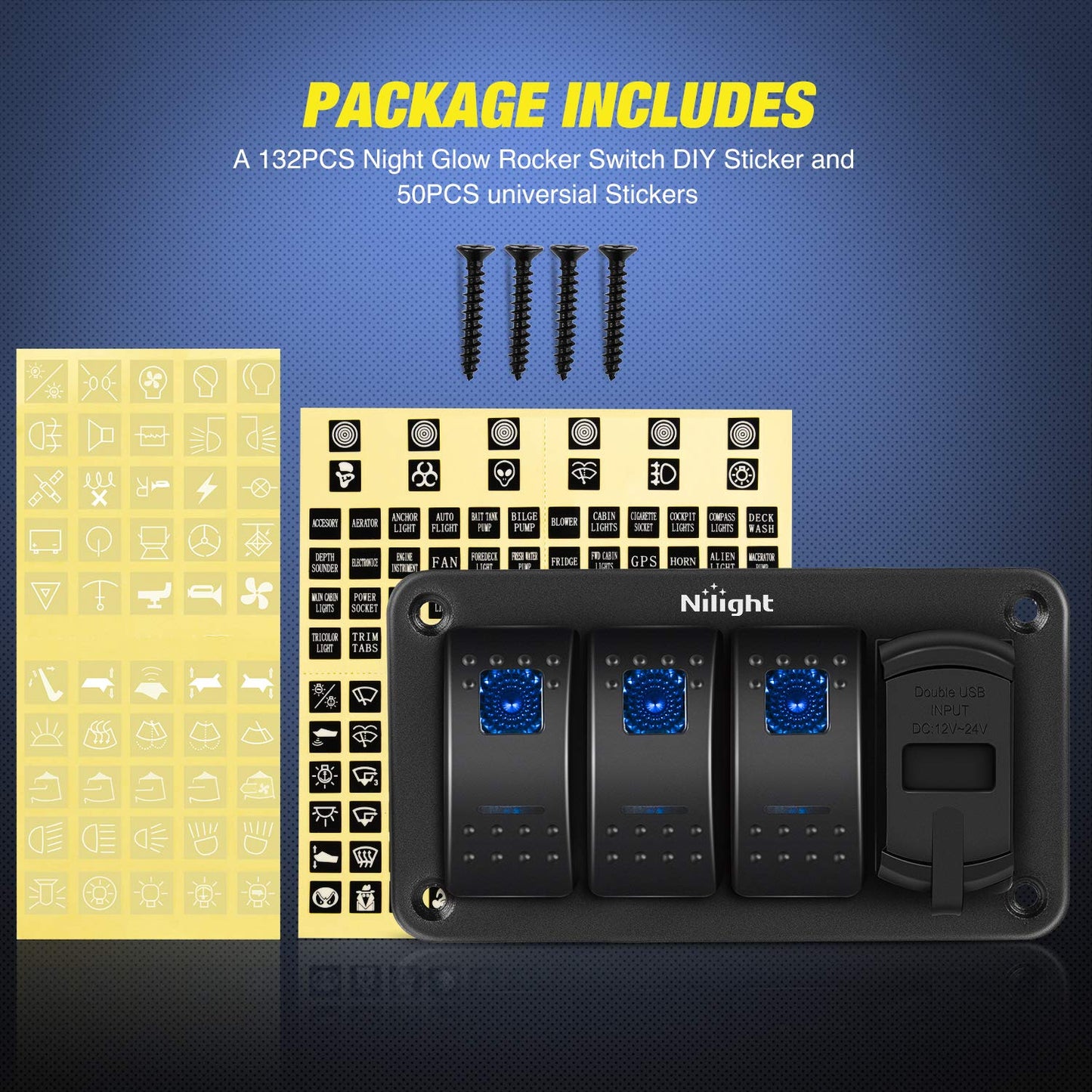 Nilight 3 Gang Rocker Switch Panel with 4.8 Amp Dual USB Charger Voltmeter Waterproof 12V 24V DC Rocker Switch with Night Glow Stickers for Cars Trucks Boats RVs, 2 Years Warranty,Blue