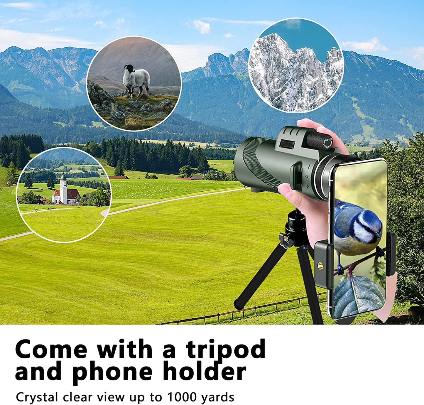 Monocular-Telescope 80x100 High Definition for Adults High Powered with Smartphone Adapter Telescope Hunting Wildlife Bird Watching Travel Camping Hiking-Green-1