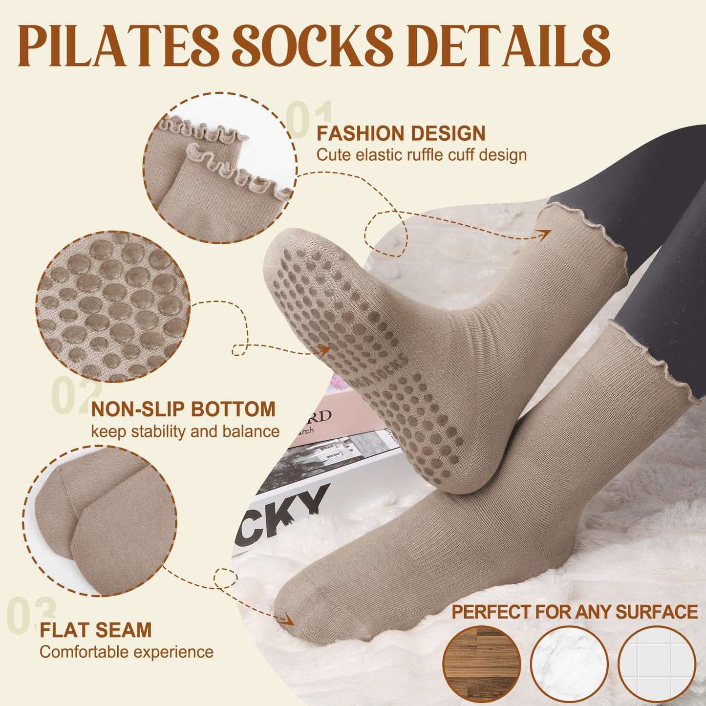 4 Pairs Yoga Pilates Socks with Grips for Women, Non Slip Athletic Cute Ruffle Crew Socks for Ballet Workout Hospital 9-11