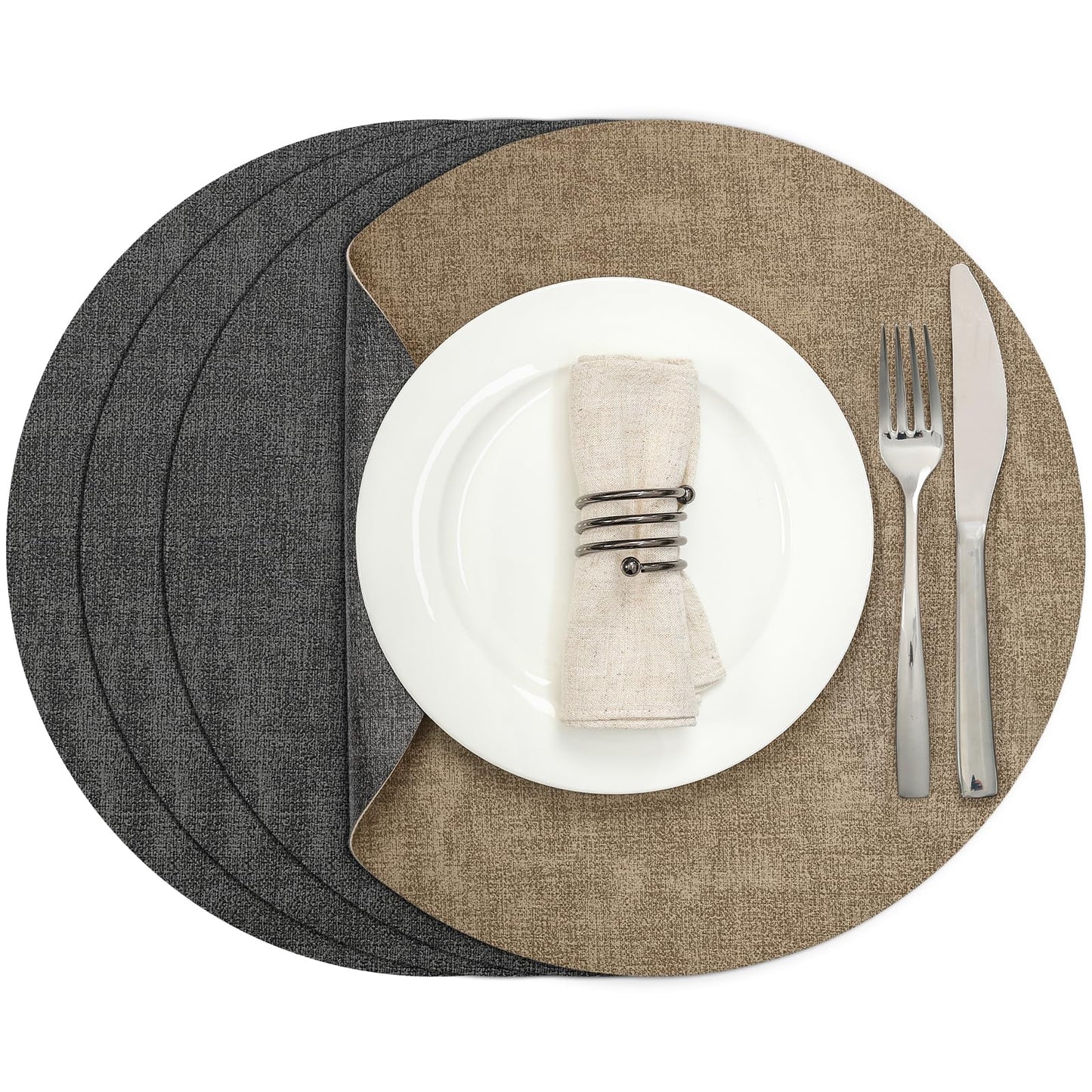 Myir JUN Round Dual-Sided Placemats, Faux Leather Set of 4 for Indoor and Outdoor Dining Tables, Non-Slip Washable Table Mats (Gray Beige)