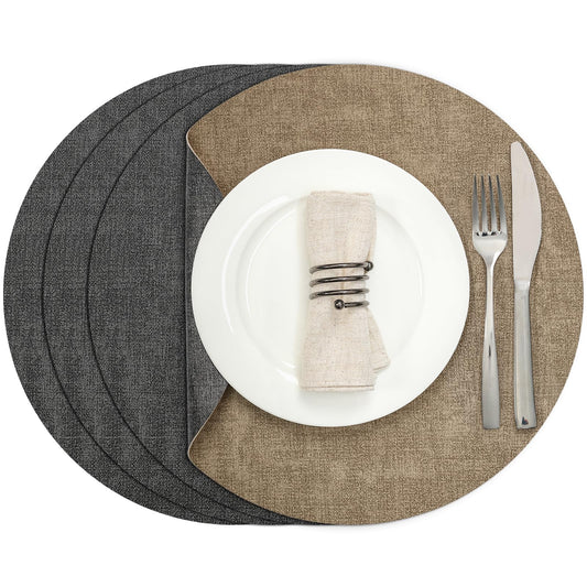 Myir JUN Round Dual-Sided Placemats, Faux Leather Set of 4 for Indoor and Outdoor Dining Tables, Non-Slip Washable Table Mats (Gray Beige)