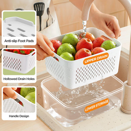 5-Pack Fruit Storage Containers for Fridge with Removable Colanders, 4 in 1 Produce Storage Containers with Lids, Leakproof Fridge Organizer Bins for Salad Berry Lettuce Vegetables Meat Keeper Fresh