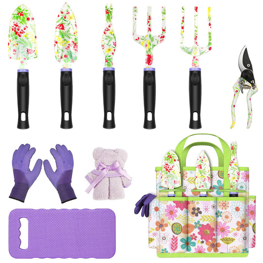 JUMPHIGH Gardening Tool Set, 10 PCS Heavy Duty Aluminum Garden Kit Floral Gardening Gifts for Women, Garden Hand Tools with Non-Slip Rubber Handle, Kneeling Pad, Garden Gloves and Storage Tote Bag