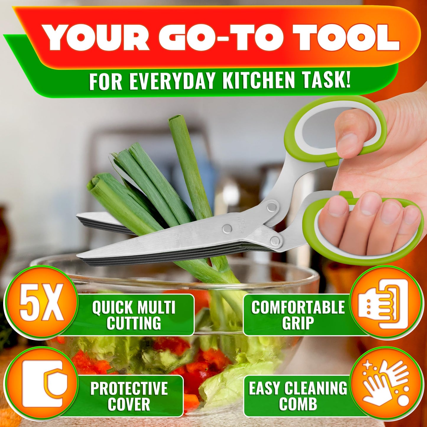 Herb Scissors with 5 Blades and Cover – Stainless Steel Herb Cutter for Fast & Precise Cutting, Compact, Easy-to-Store Design – Ergonomic Handle & Cleaning Brush for Quick and Comfortable Kitchen Prep