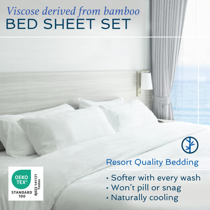 Hotel Sheets Direct 4 Piece Bed Sheet Set Queen Size, 100% Viscose Derived from Bamboo Sheets Set with 2 Pillowcases, Cooling & Breathable Luxury Bedding, Moisture-Wicking & Silky Soft Texture, White