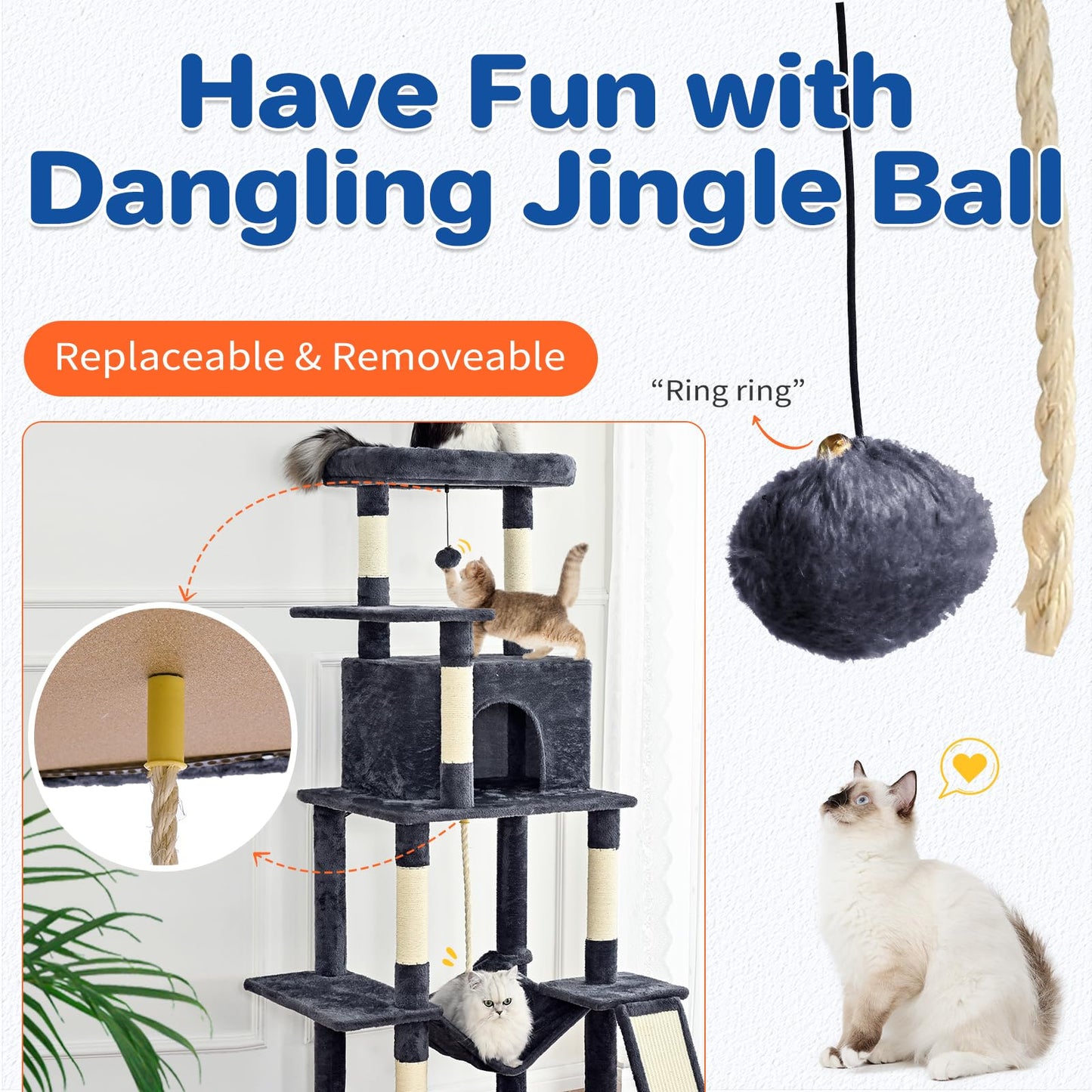 ABCPET Cat Tree Tower 63in Multi-Level Cat Tower for Indoor Cats with Sisal Scratching Posts, Condo, Hammock, Dangling Ball and Extended Platform for Cats to Play, Dark Grey