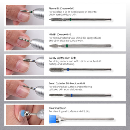 MelodySusie 10pcs Nail Drill Bits Set, 3/32 Inch Diamond Cuticle Nail Bits Kit for Nail Drill E-File, Manicure Pedicure Remover Tools for Acrylic Gel Nails, Salon Home Nail Care Supplies, Silver