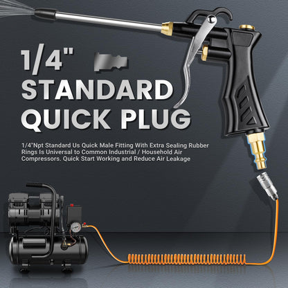 High Volume Air Blow Gun with Brass Adjustable Nozzle, Industrial Blower Gun with 2 Steel Extensions and 13.7 Inch Universal Hose, Pneumatic Air Compressor Accessory Tool