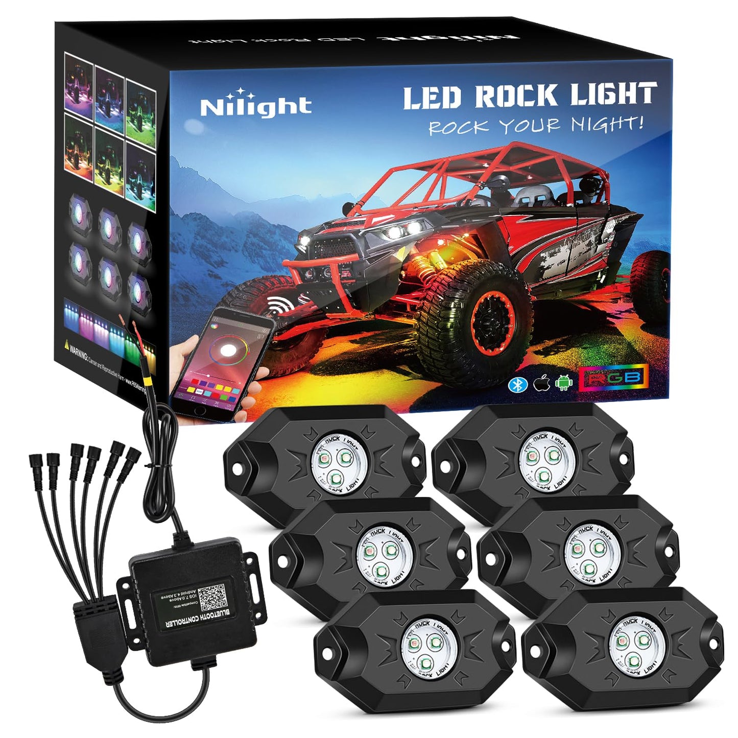 Nilight RGB LED Rock Lights Kit, 6 pods Underglow Multicolor Neon Pod with Bluetooth App Control Flashing Music Mode IP68 Exterior Wheel Well Light for Truck ATV UTV RZR SUV