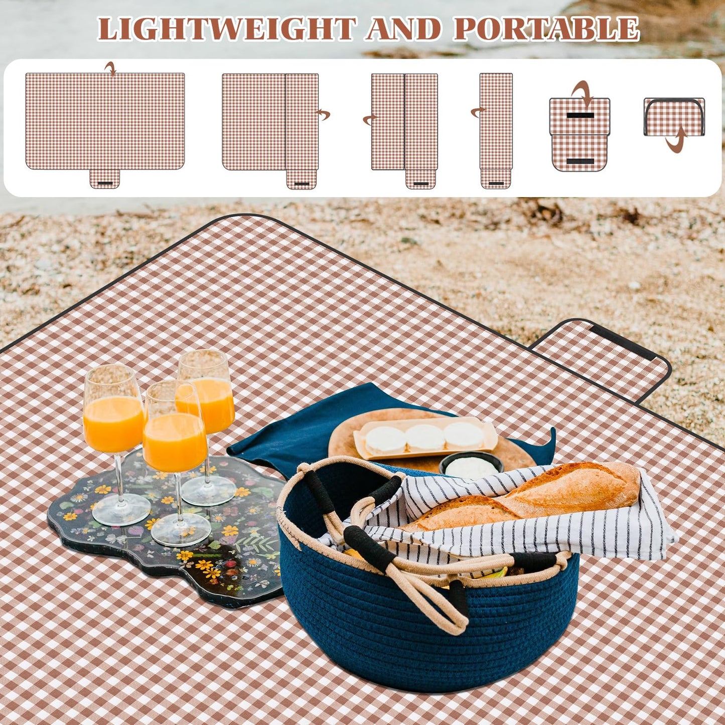 GUSUWU Picnic Blanket Waterproof Beach Rug 80''x80'' Picnic Mat Washable Lightweight with Handle Coffee Checkered for Hiking Travelling Outdoor Camping,Parks