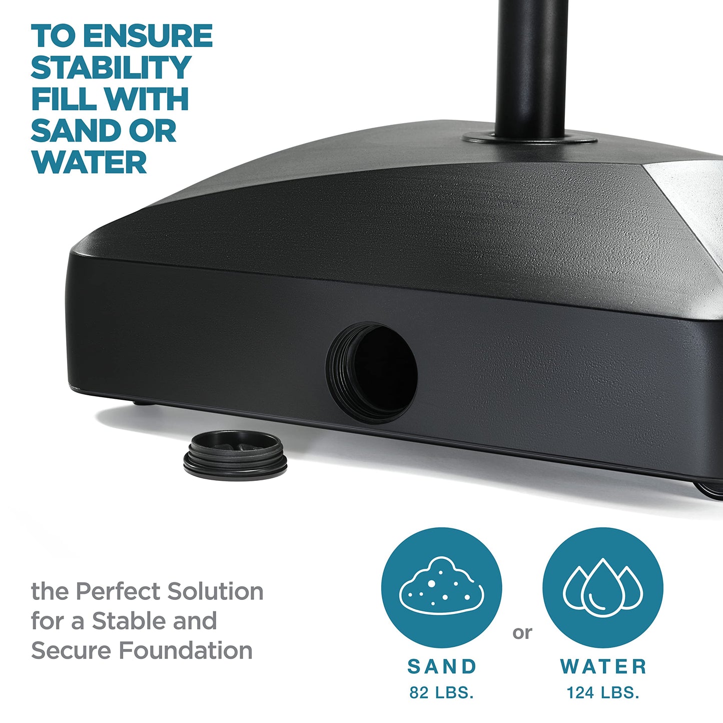 maple99 Umbrella Base - Fillable Umbrella Pole Holder 2 Knobs, with Heavy Duty Windproof Design for Patio, Deck, Poolside, Garden. 4 Wheels, 2 Locks, Holds 125 lbs, Classic Black