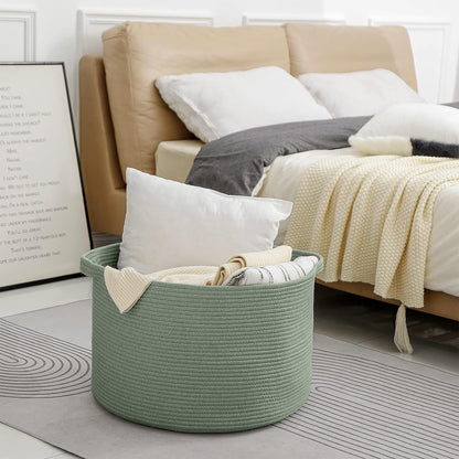 MEGASKET Extra Large Green Basket, 22" X 22" X 14" Woven Cotton Rope Baskets for Blankets, Nursery Wicker Laundry Basket, Kids Toy Storage Bin, Green Living Room Office Decor Baskets for Organizing
