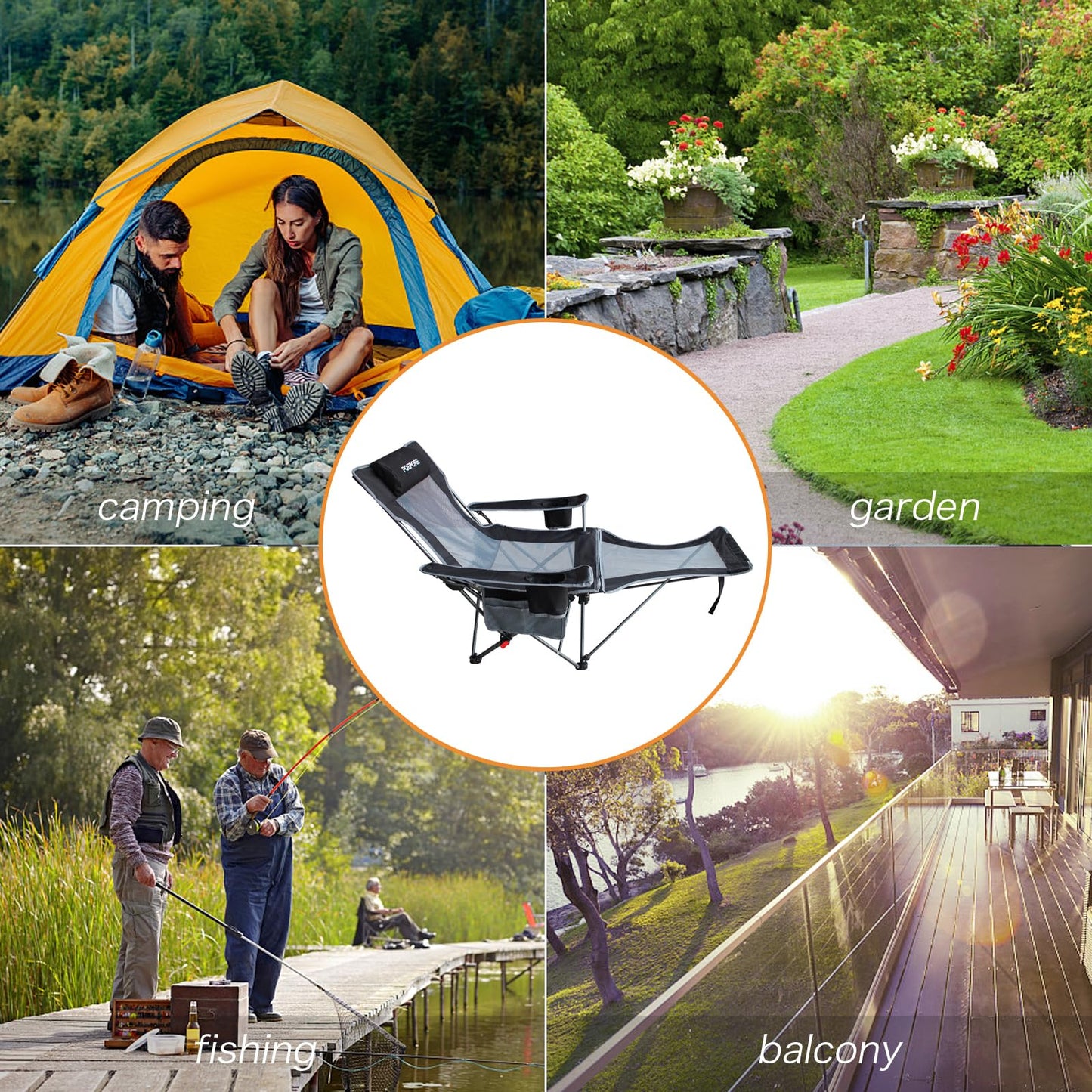 POEPORE Reclining Camping Chair with Removable Footrest Lounge Chair with Headrest, Cotton Cushion, Portable Adjustable Folding Chairs for Adults Black