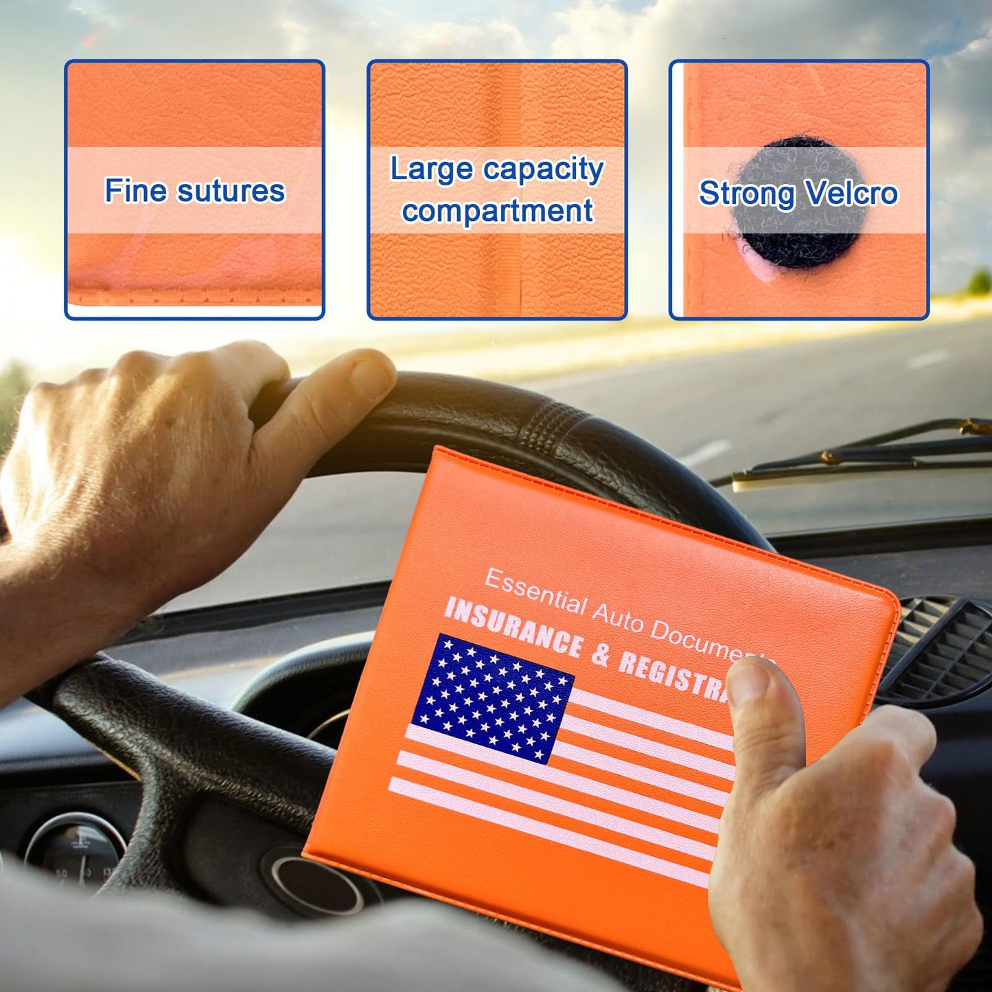 Ziciner Car Registration Insurance Holder, 2Pack Essential Auto PVC Card Document Glove Box Organizer with Velcro Closure, Universal Car Accessories for Men & Women (Orange/Blue Flag)