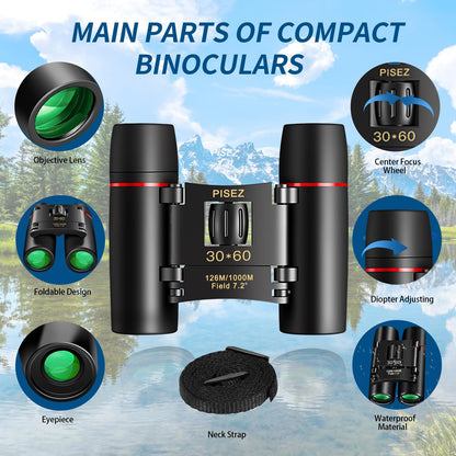 PISEZ 30X60 Compact Binoculars for Adults and Kids，Lightweight Foldable Easy Focus Small Binoculars for Bird Watching Hunting Concert Traveling Theater Opera Sightseeing
