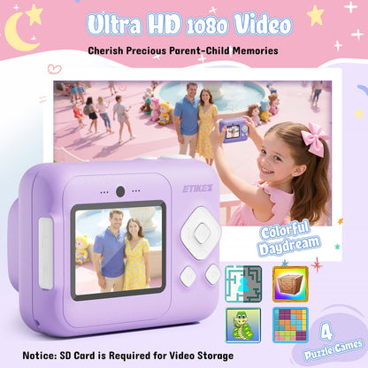 ETIKEZ Kids Camera, 1080P Instant Digital Print Camera for Kids, Christmas Birthday Gifts for 4 5 6 7 8 9 10 Year Old Girls Boys, Portable Toy with 32GB SD Card & 3 Rolls Printing Paper, Purple