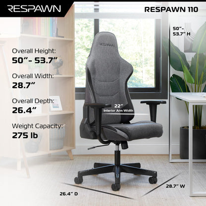 RESPAWN 110 Fabric Gaming Chair Ergonomic Racing Style High Back PC Computer Desk Office Chair - 360 Swivel, Integrated Headrest, 135 Degree Recline Adjustable Tilt Tension Angle Lock - 2023 Grey