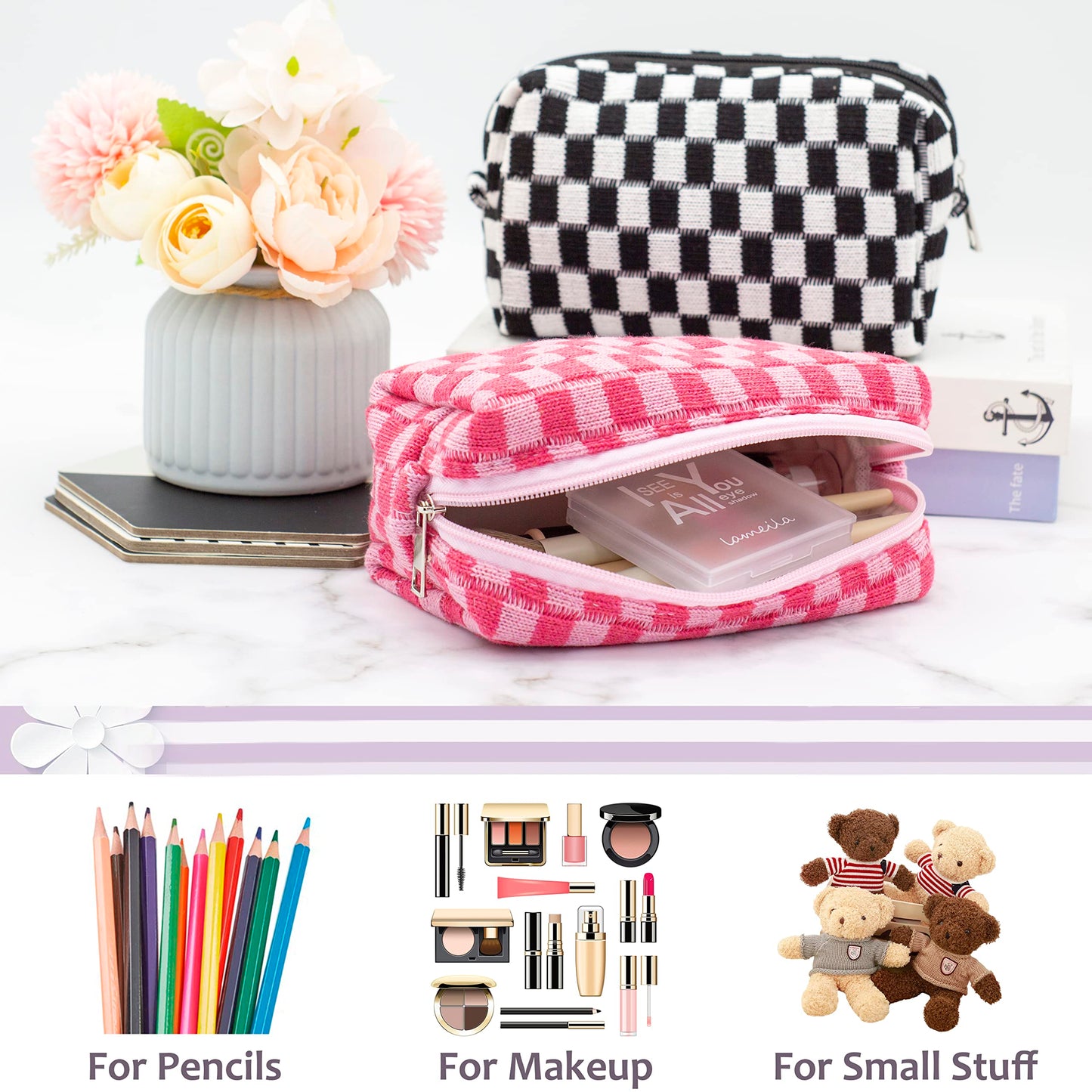 PAZIMIIK Checkered Makeup Bag for Purse Portable Zipper Make Up Pouch Small Cosmetic Case for Travel Accessories (2PCS Blue Hotpink)