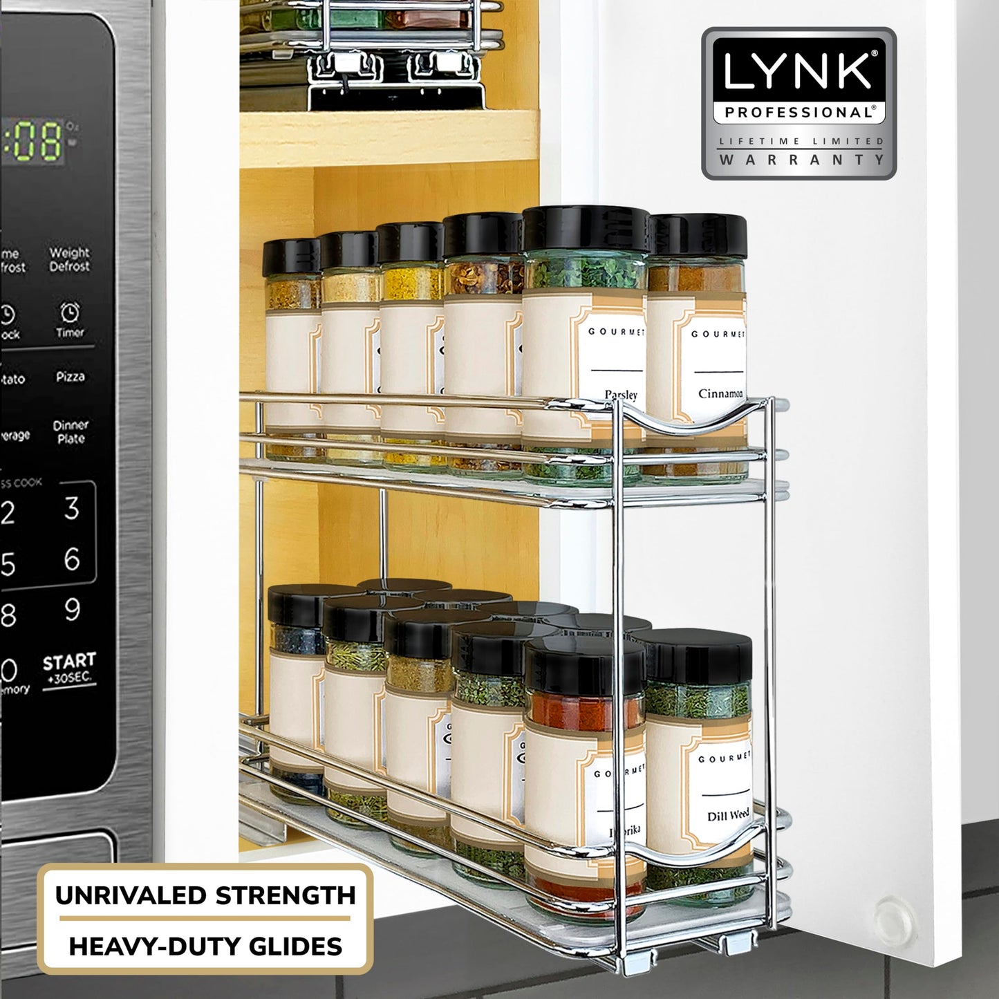 LYNK PROFESSIONAL® Pull Out Spice Rack Organizer for Inside Kitchen Cabinets - 4-1/4 inch Wide - Slide Out Drawer – Chrome Sliding Spice Cabinet Organization Shelf Racks - 2 Tier