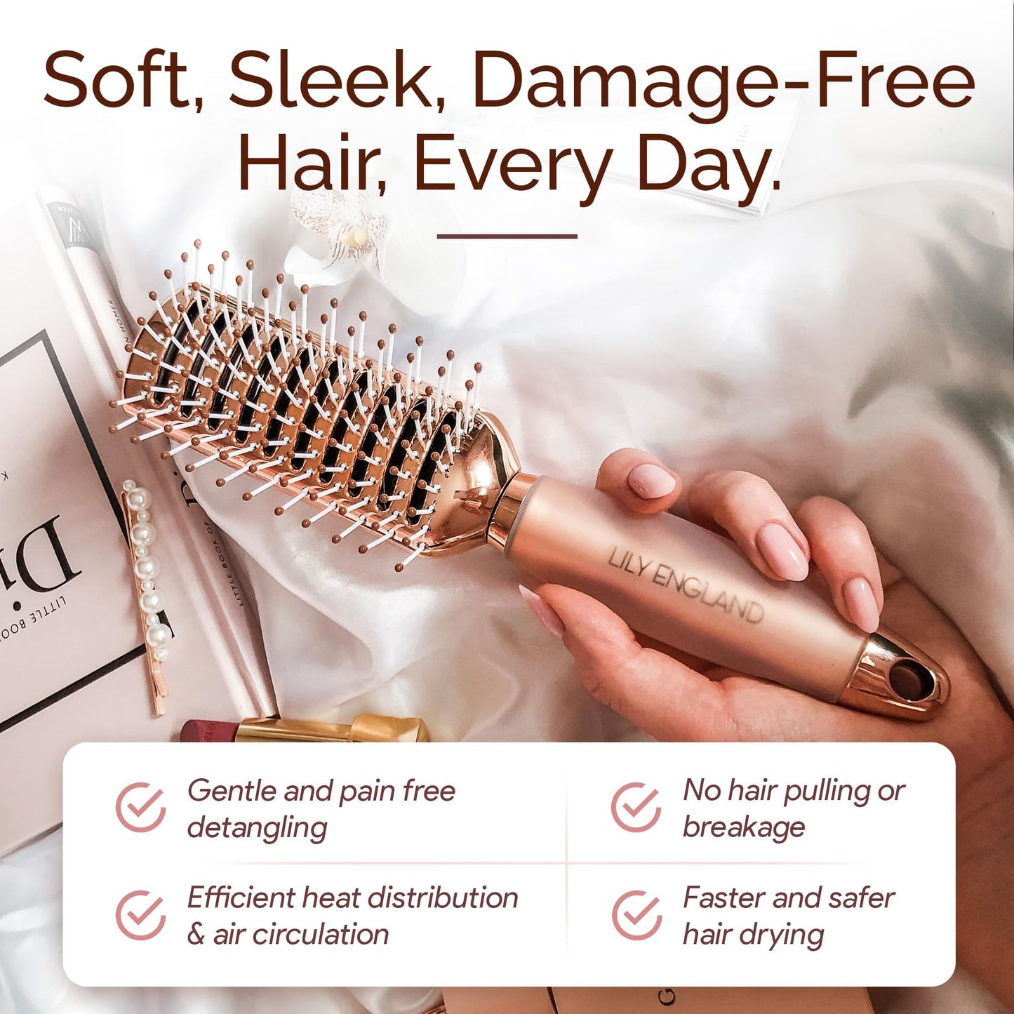 Lily England Vented Hair Brush for Blow Drying - Easy Detangling Hairbrush for Women for Fine, Thick, Curly Hair with Non-Slip Gel Handle - Static Free Vent Hair Brushes for Faster Drying, Rose Gold