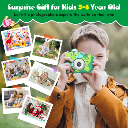 Kids Camera Toys for Kids, Digital Camera for Kids Age 3-8 Toddler Travel Dinosaur Toys, Christmas Birthday Gift for Boys Girls 3 4 5 6 7 8 Year Old, HD 1080P Video Camera, 32G SD Card(Green)