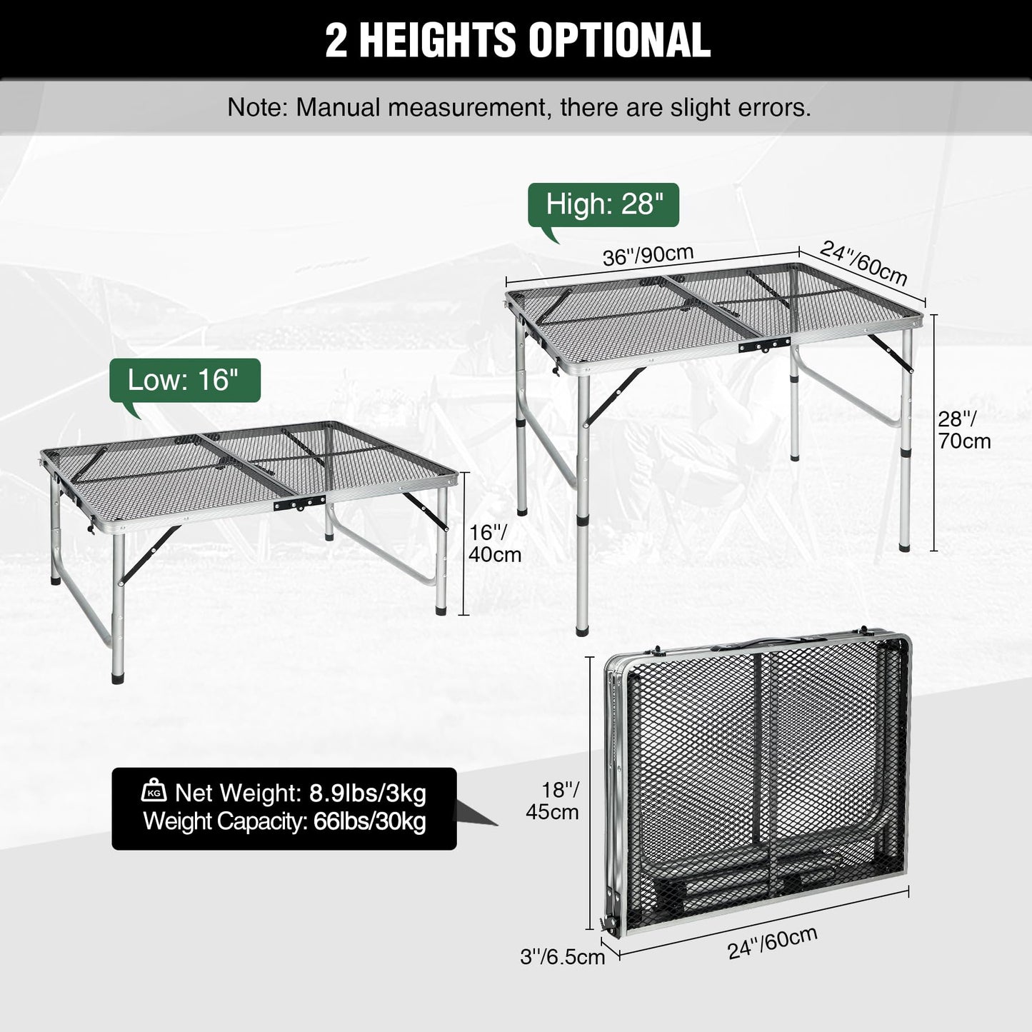 RedSwing Portable Grill Table for Outside, Aluminum Folding Grill Stand Table for Outdoor Camping Picnic BBQ, Lightweight Adjustable Height, 36"x24"x15"/28" Sliver