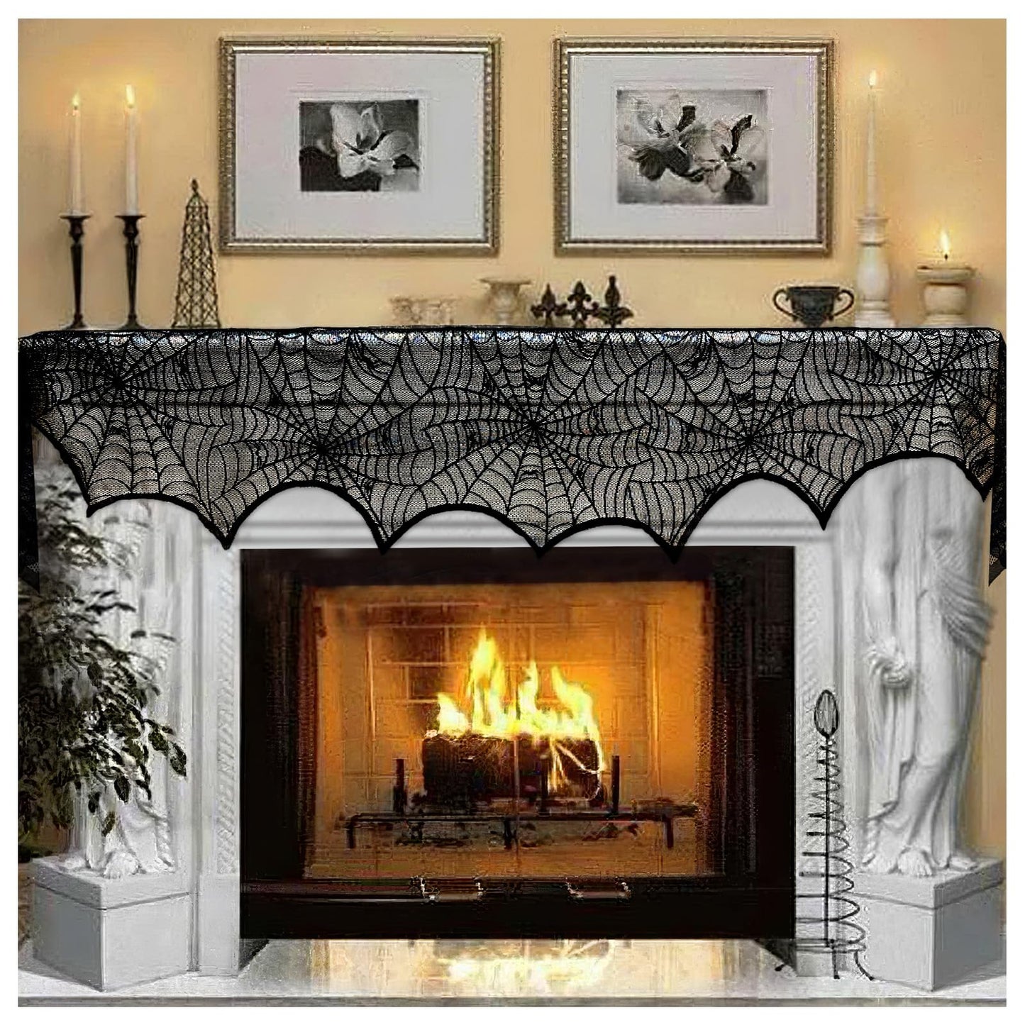 AerWo Halloween Decoration Black Lace Spiderweb Fireplace Mantle Scarf Cover Festive Party Supplies 45 X 243cm 18 x 96 inch