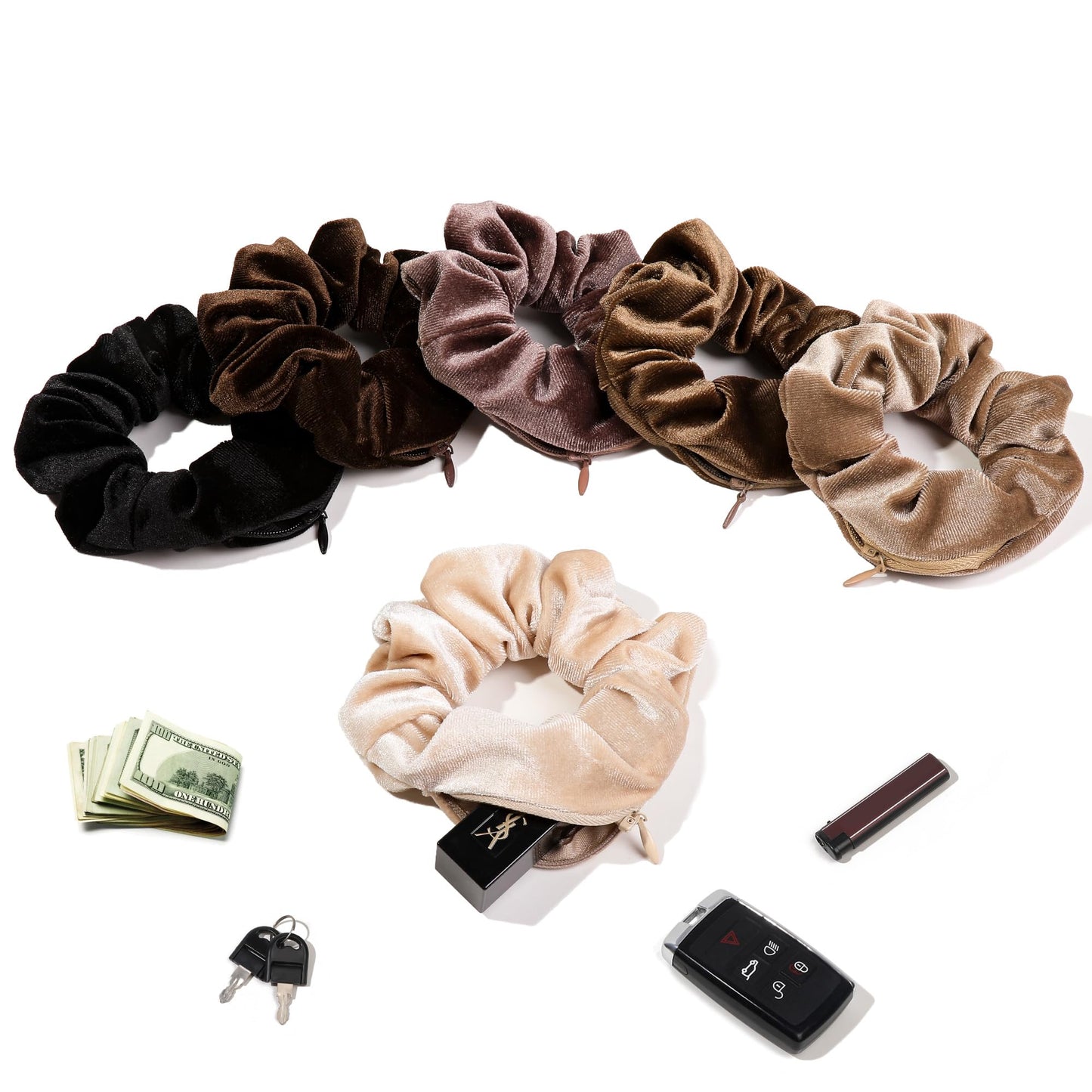 Pocket Scrunchies Hair Ties with Hidden Zipper Stash Scrunchy Ponytail Holder
