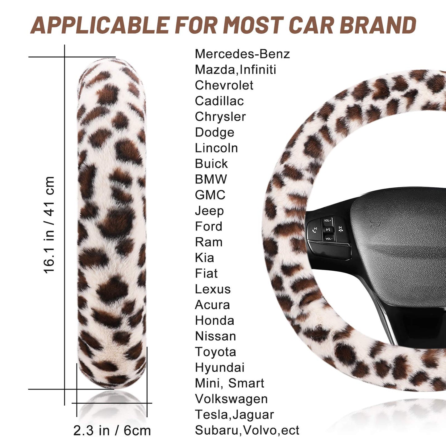 Fuzzy Steering Wheel Cover for Women Girls, Accmor Universal Fit 15 inch Fur Car Wheel Cover & Handbrake Cover & Gear Shift Cover Set, Fashion Leopard Winter Warm Fluffy Vehicle Wheel Protector