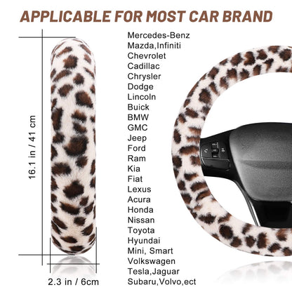 Fuzzy Steering Wheel Cover for Women Girls, Accmor Universal Fit 15 inch Fur Car Wheel Cover & Handbrake Cover & Gear Shift Cover Set, Fashion Leopard Winter Warm Fluffy Vehicle Wheel Protector