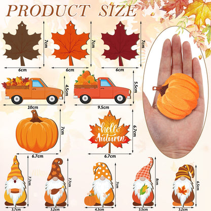 36 Pcs Thanksgiving Ornaments - Fall Tree Decorations with Autumn Pumpkin Gnome Leaf Cutouts, Hanging Ornaments, Wooden Craft Ornaments with Rope for Home (Autumn Style)