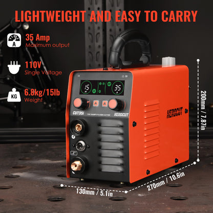 Plasma Cutter, 35Amps HEROCUT Plasma Cutter Machine CUT35i, Screen Display 110V High-Frequency IGBT Inverter Technology Post Flow and 2T/4T, Max Cutting Thickness 10mm for Beginners DIY