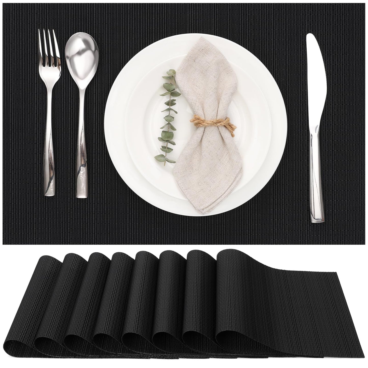 Myir JUN Placemats Set of 8, Vinyl Woven Placemats Place Mats Indoor Set of 8 Washable Table Mats Non-Slip Place mats for Dining Table (Black, Set of 8)