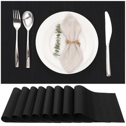 Myir JUN Placemats Set of 8, Vinyl Woven Placemats Place Mats Indoor Set of 8 Washable Table Mats Non-Slip Place mats for Dining Table (Black, Set of 8)