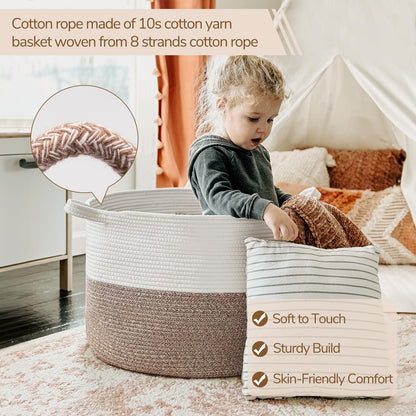 INDRESSME XXXLarge Cotton Rope Basket 21.7" x 21.7" x 13.8" Woven Baby Laundry Blanket Basket Toy Baskets with Handle Storage Comforter Cushions Thread Laundry Hamper Home Decor Living Room