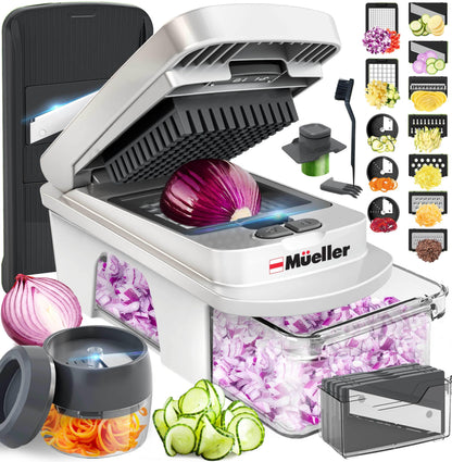 Mueller Pro-Series All-in-One, 12 Blade Mandoline Slicer for Kitchen, Food Chopper, Vegetable Slicer and Spiralizer, Cutter, Dicer, Grater, Kitchen Gadgets Sets with Container, White Sand/Gray