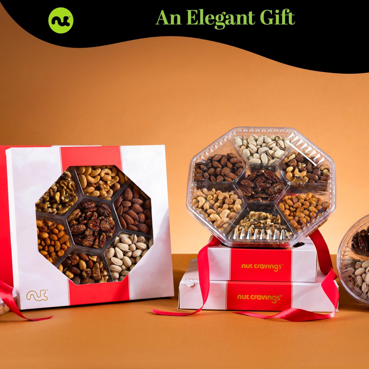 NUT CRAVINGS - Mixed Nuts Gift Basket in Red Gold Box (7 Assortments, 1 LB) Food Arrangement, Healthy Snack Care Package, Food Assortments