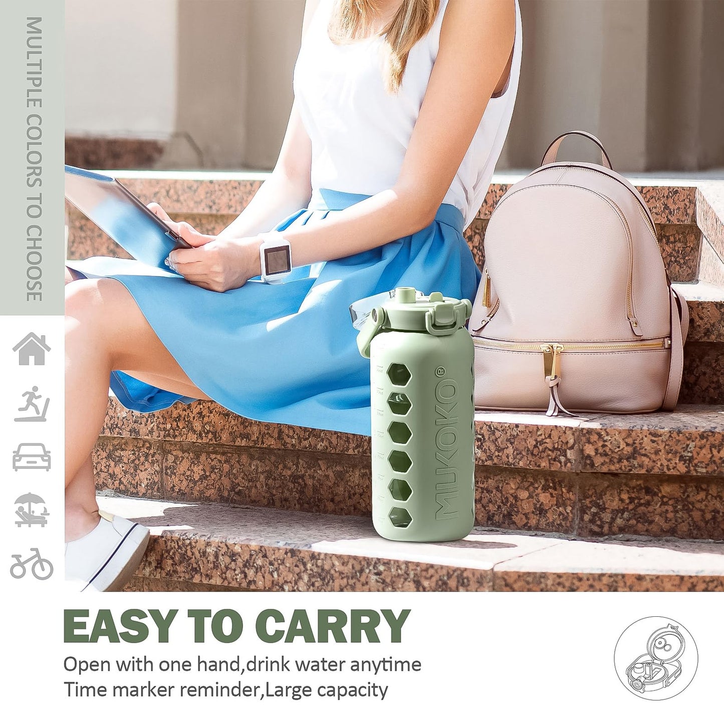 MUKOKO Half Gallon/64 oz Glass Water Bottles with Straw and Lid,Motivational Water Jug with Time Marker Reminder and Silicone Sleeve,100% Leakproof BPA Free Fitness Sports Large Bottle-Green