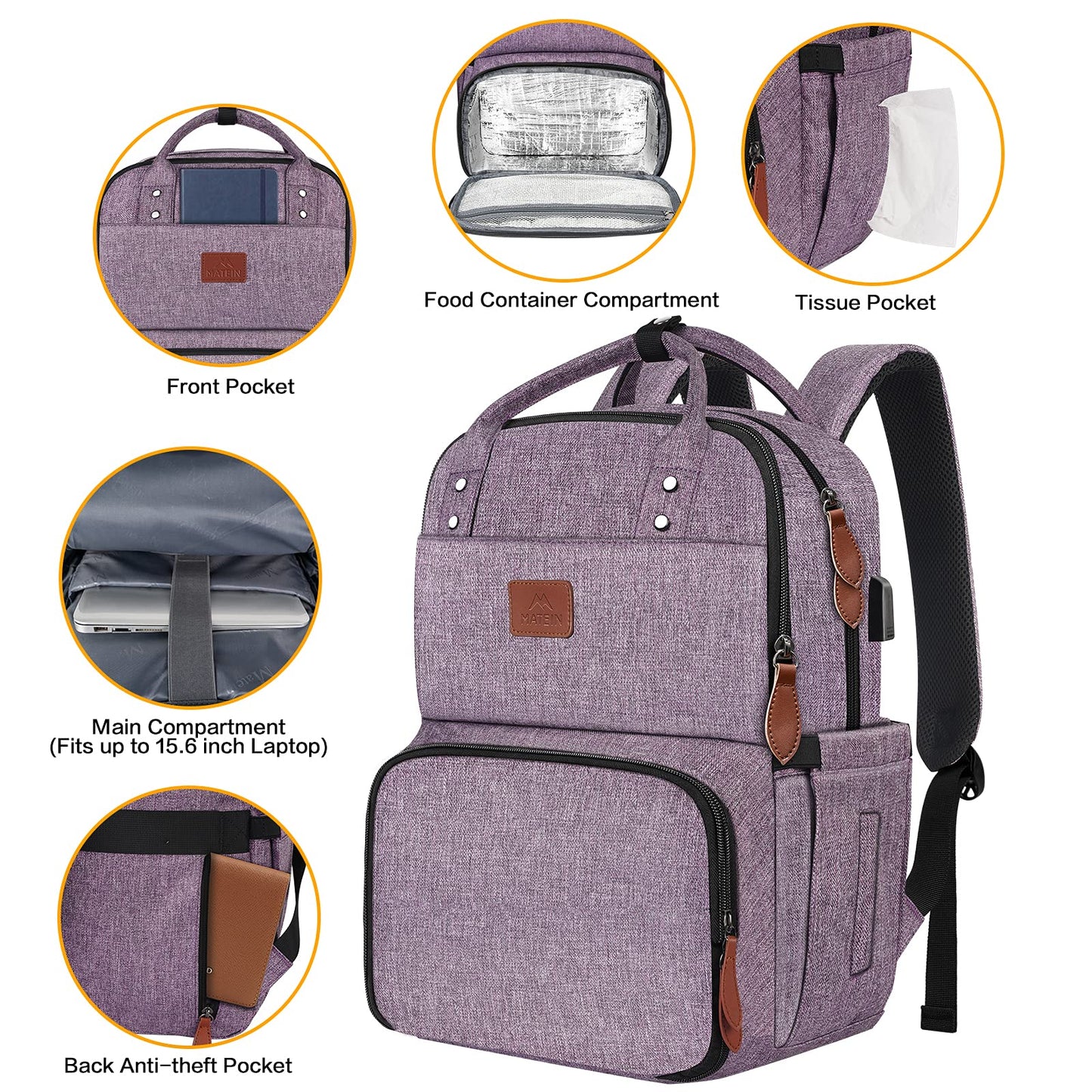 MATEIN Laptop Backpack with Lunch Box, Insulated Women Backpacks with Cooler Compartment, 15.6 inch Water Resistent Tote Food Bag with USB Charging Port for College Beach Camping Picnics Hiking