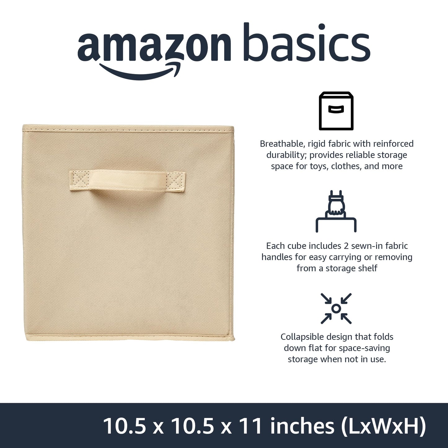 Amazon Basics Collapsible Fabric Storage Cubes Organizer with Handles, Sturdy, Beige, 10.5-x-10.5-x-11-inch, Pack of 6